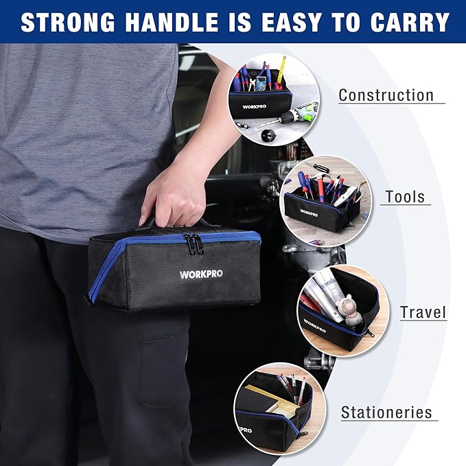 WORKPRO Tool Bag with Zipper, 10" Utility Wide Mouth Heavy Duty Tool Storage Bag, Multipurpose Zipper Tool Pouch Tote Bag for Organizer 3-pack