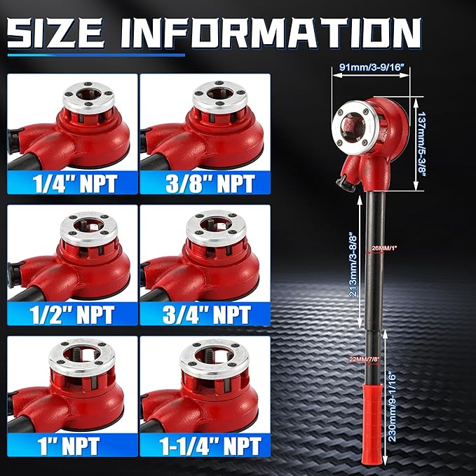 Pipe Threader Ratchet Kit， Manual Ratcheting Pipe Threading Tool Set with 6 NPT Dies (1/4" 3/8" 1/2" 3/4" 1" 1-1/4"),Portable Pipe Threading Tool Set for Galvanized Aluminum Iron Copper Pipes