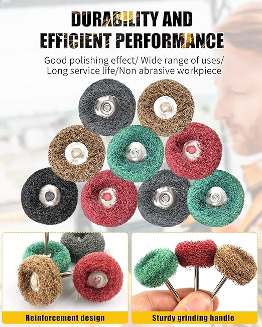 Rocaris 300 Pcs Abrasive Buffing Wheels, 1 inch Abrasive Buffing Polishing Wheels Burr for Rotary Tools-1/8(3mm) Shank, 120Grit, 180Grit, 320Grit, 400Grit, 600Grit