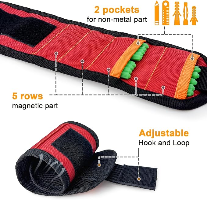 vidsel Magnetic Tool Holder Belt & Wrist-Band (15 N38 Magnets), Adjustable Work Gadget for Electricians/DIY/HVAC, Screws, Nails, Drill Bits Organizer, Birthday Gift for Men, Dad, Husband, Red