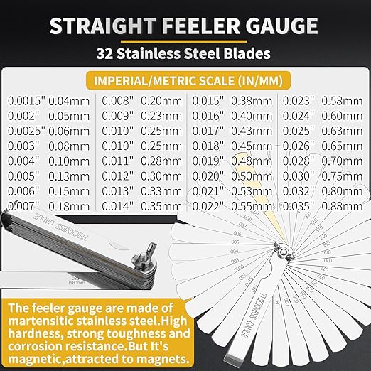 Stainless Steel Feeler Gauge Set, 2PCS 32 Blades Feeler Gauge & 16 Blades Offset Thickness Gauge with Standard SAE and Metric Dual-Marked, Filler Gauge Set for Measuring Spark Plug Valve Gap