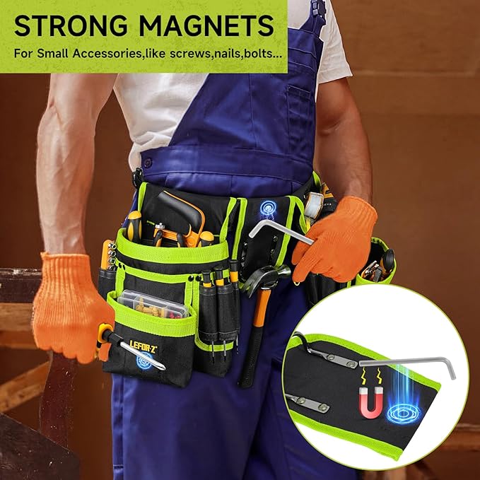 Tool Belt,Magnetic Tool Pouch,27-Pockets Heavy Duty Padded Tool Belts for Men,Detachable & Adjustable Tool Pouch Bag for Electrician,Carpenter,Construction,Work Apron,Utility Belt,Black,Green