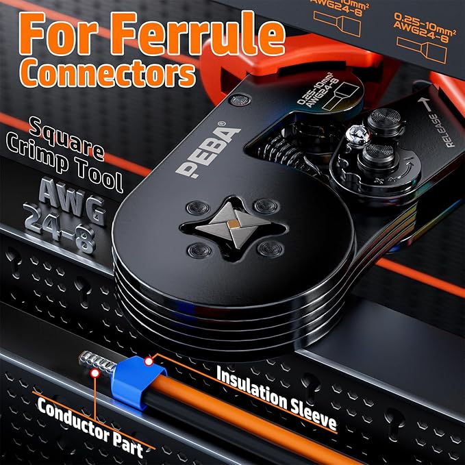 PEBA Ferrule Crimping Tool Kit - 24 Sizes Ferrules Terminals Purple Copper & Self-Adjusting Ratchet Square Crimper for AWG 28-7 Wire Ferrules - Perfect for Electrical Wiring, DIY Projects