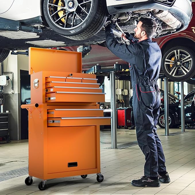 8-Drawers Large Tool Chest, 2-in-1 Detachable Garage Rolling Tool Box Metal Tool Storage Cabinet Removable Lockable Tool Cart with Wheels and Drawers
