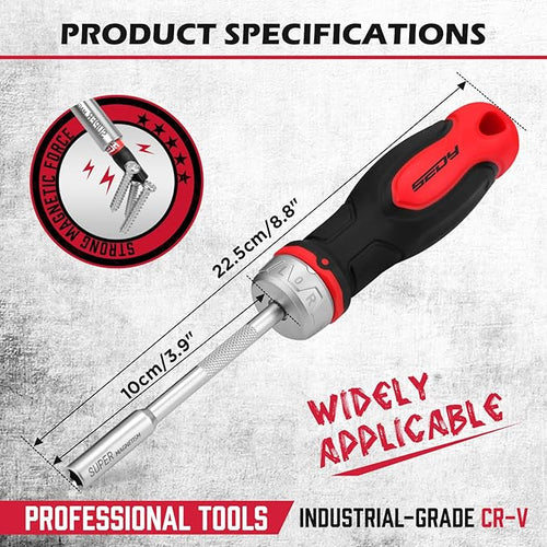 1/4″ Magnetic Ratcheting Screwdriver, Durable Bit Holding Screwdriver With Non-Slip Handle 220mm Long Multi Tip Screwdrivers Ratchet Bits Driver Ergonomic Cushion Grip For Garage & Daily Repair