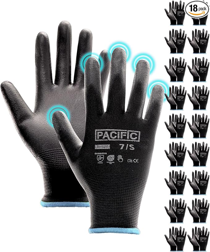 PACIFIC PPE Work Gloves PU Coated-18 Pairs, Touchscreen Working Gloves for Men and Women, Mechanic Gloves, Lightweight, Black, Small