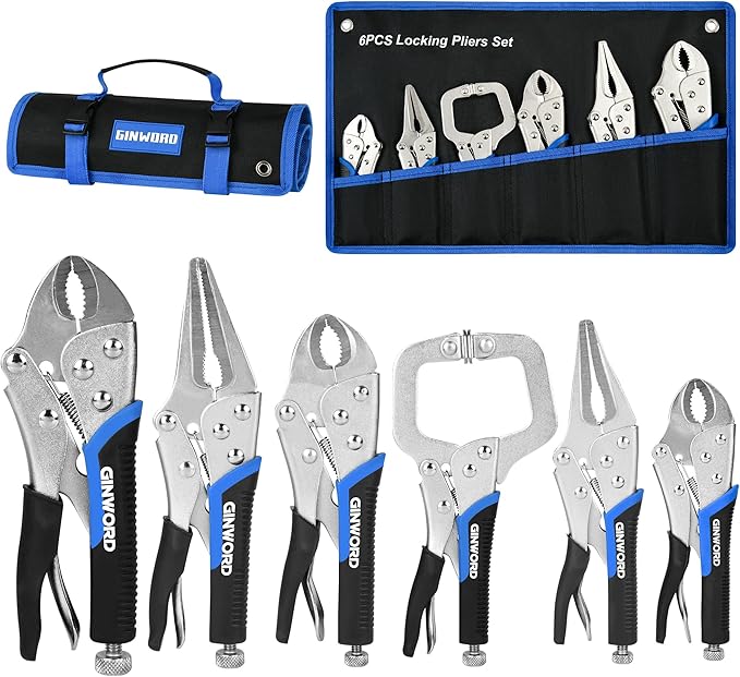 Vice Grips Pliers Set, 6-Piece Locking Pliers Set, 6-1/2"& 9-1/2"Needle Nose Vise Grips, 5"&7"&10" Curved Jaw Vise Grip Tools, 6" C-clamp Locking Plier with Rolling Pouch