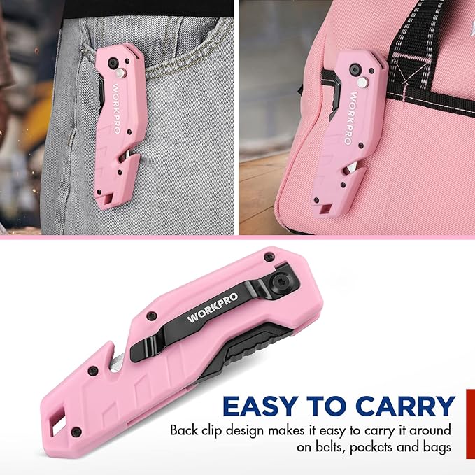 WORKPRO Folding Utility Knife, Quick Change Box Cutter, Pink Razor Knife for Cartons, Cardboard, Boxes, 10 Extra Blades Included - Pink Ribbon