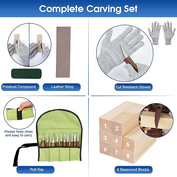 Wood Carving Tools, 26pcs Hand Carving Tool Set Wood Whittling Knife Kit with 3pcs Templates & 8pcs Wood Carving Knives 3 for DIY Sculpture Carpenter Experts & Beginners