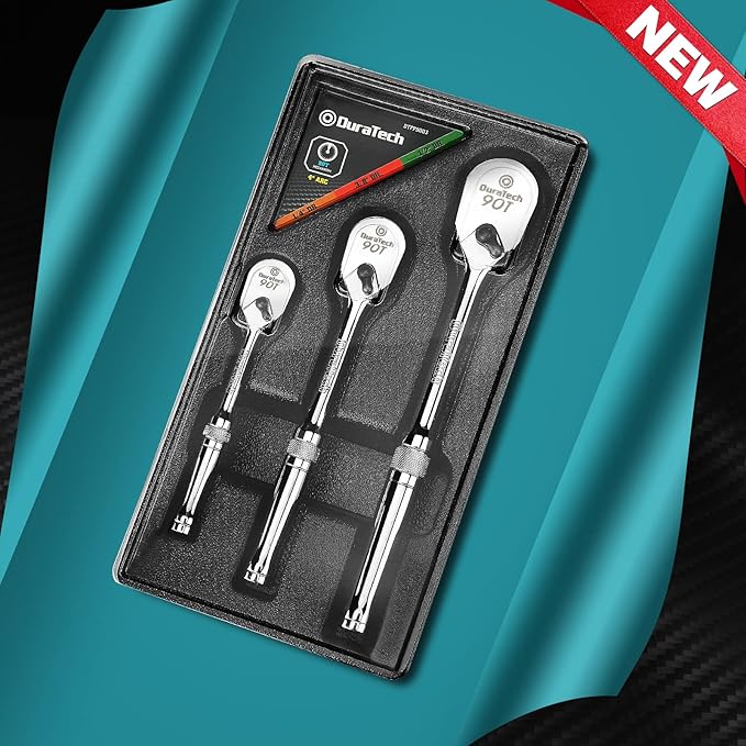 DURATECH 3-Piece Ratchet Set, 1/4", 3/8", 1/2" Drive Ratchets, Dirt Resistance 90-Tooth Ratchet Wrench, Chrome Alloy Made, Fully Polished, Organized in Storage Case