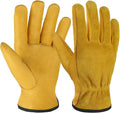 OZERO Leather Work Gloves Flex Grip Tough Cowhide Gardening Glove for Wood Cutting/Construction/Truck Driving/Garden/Yard Working for Men and Women 1 Pair (Gold,Small)