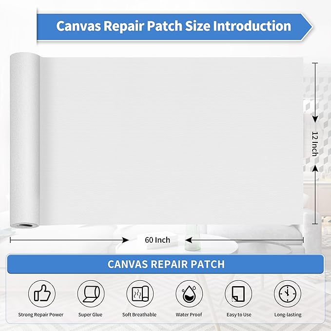 KING MOUNTAIN Canvas Repair Tape,Outdoor Gear Patch, 12×60 Inches,Waterproof,Self-Adhesive for Repairing Boat Covers,Sun Shades,Sofas,Tents,Lounge Chairs,Awnings (White1.0)