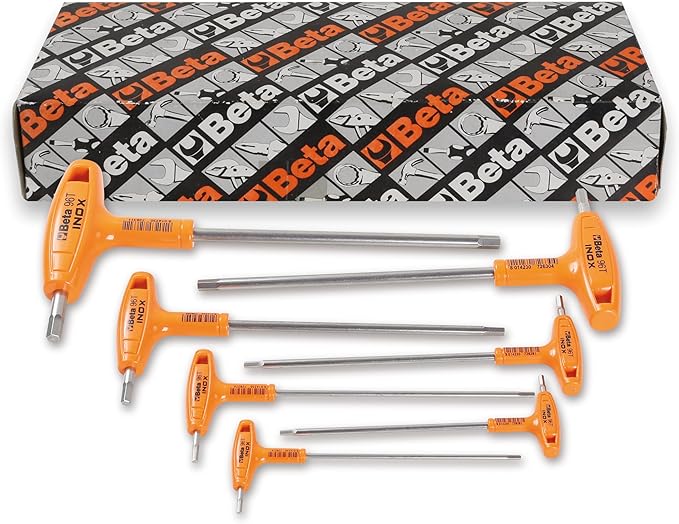 Beta 96TINOX Set of 7 Stainless Steel High Torque T-Handle Hex Key Allen Wrenches, SAE 3/32"- 5/16"