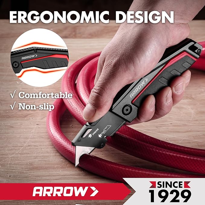 ARROW Folding Utility Knife, Quick-Change Box Cutter with Belt Clip, Liner Lock, Heavy Duty Aluminum Razor Knife with Comfortable Handle, 10 Extra SK2 Blades Included