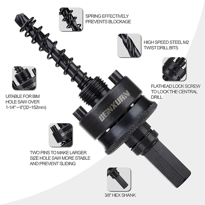 General Quick Change Hole Saw Mandrel, 7/16-Inch and 3/8 Inch Hole Saw Arbor with 3Pcs Central Drill/2PCS Hex wrench/2Pcs Spring
