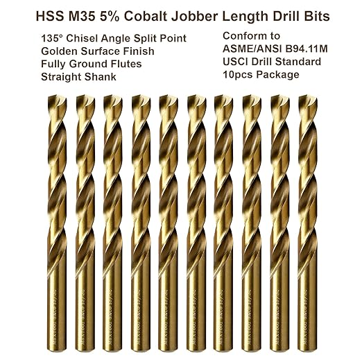 MAXTOOL 17/64" 10PCs Identical Cobalt Jobber Length Drill Bits HSS M35 Twist Drill Bits Fully Ground Golden Straight Shank Drills; JBF35G10R17E10