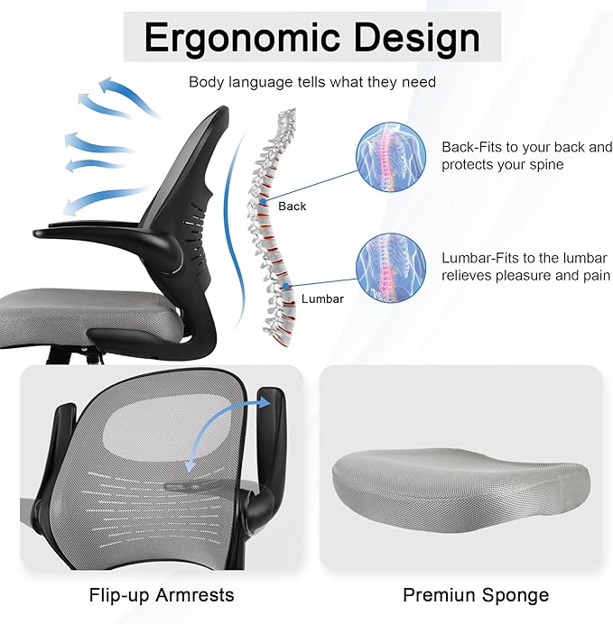 HYLONE Tall Drafting Chair Standing Desk Chair with Flip-Up Armrests, Adjustable Height Ergonomic Office Chair with Footrest Ring - High Stool Chair for Standing Desk（Grey）