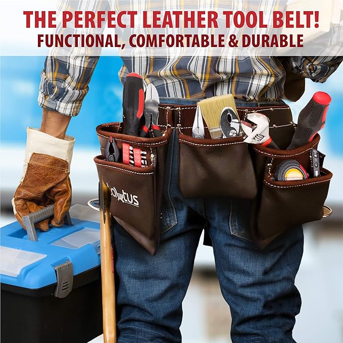LAUTUS Oil Tanned Leather Tool Belt/Pouch/Bag, Carpenter, Construction, Framers, Handyman, Electrician - 100% LEATHER