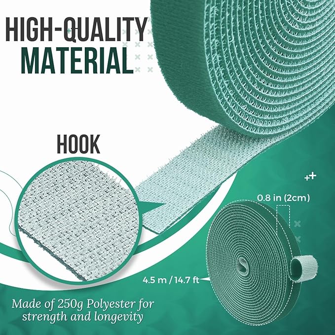TNP Hook and Loop Tape Strap Cable Ties Fastener (Green) (15 Feet) - Sticky Self Adhesive Nylon Fabric Roll Wrap 0.75" Wide 5 Yards Reusable for Cutting Custom Length Cord Wire Fastening