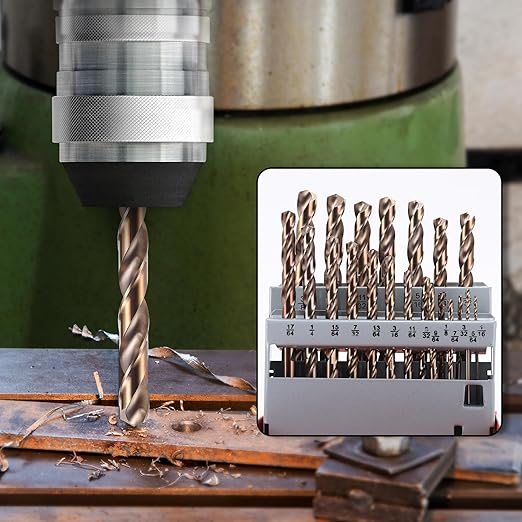 21Pcs Cobalt Drill Bit Set (1/16"-3/8"), M35 High Speed Steel, Twist Jobber Length for Hardened Metal, Stainless Steel, Cast Iron, Wood, and Plastics, with Metal Index Storage Box
