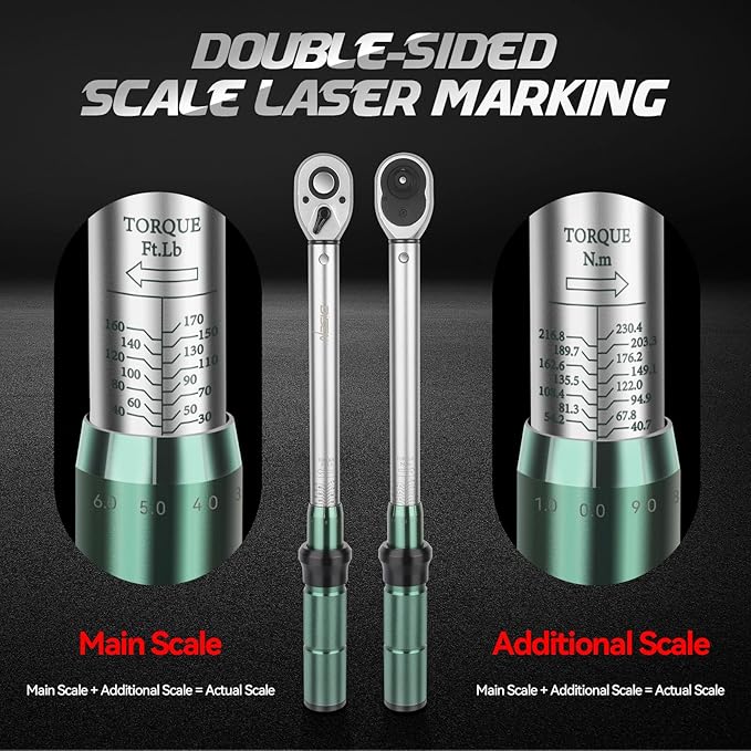 DISEN 6 PCS 1/4 3/8 1/2-inch Drive Click Torque Wrench Set 20-220In.lb, 15-90Ft.lb, 30-170Ft.lb with Extension Bar Kit, ±3% Accuracy, 72-Tooth Dual Scale Torque Wrenches for Bike, Moto, Car Repair