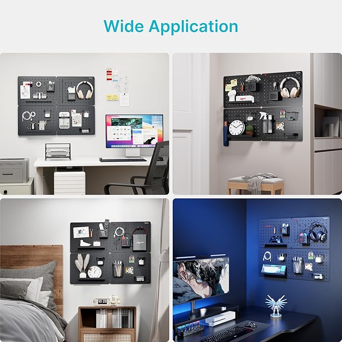 Pegboard Wall Organizer Combination Kit,Overall 33.1"x25.4" Metal Office Pegboard with 21 Accessories, Wall Mounted Peg board Display Panels for Home, Gaming Room, Garage (4Pcs,Black)