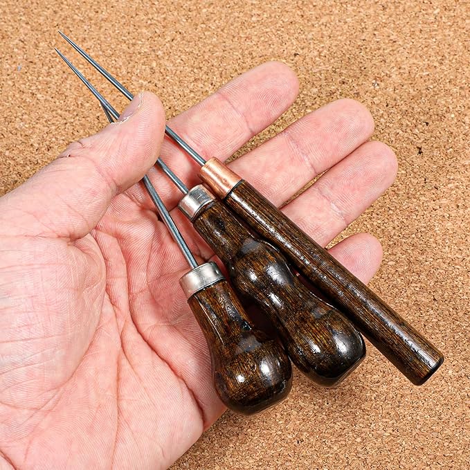 3 Pack Scratch Awl Tool, Wooden Handle Scratch Awl Leather Awl Punch Tool for Leather Punch Hole Craft DIY Handmade Pin Punching Needles