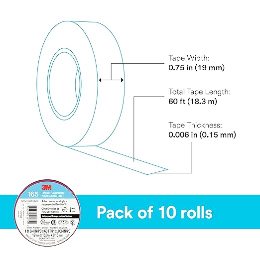 3M Temflex Multi-Purpose Vinyl Electrical Tape 165, Purple, 3/4 in x 60 ft (19 mm x 18 m), 10 Roll Pack