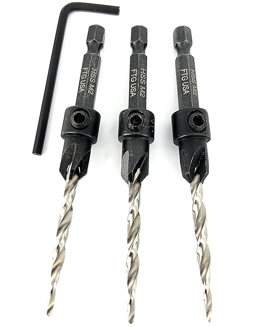 FTG USA Adjustable Wood Countersink Drill Bit Set 3 Pc #8 (11/64") with Tapered Drill Bits for Woodworking