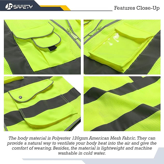 JKSafety 9 Pockets High Visibility Safety Vest for Men and Women, Hi-Vis Reflective Yellow Safety Vests with Zipper Front, Meet ANSI/ISEA Class 2 Type R(159-Yellow XL)