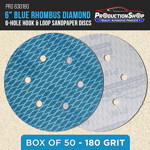 Premium 180 Grit 6" Rhombus Diamond Shape Blue Sanding Discs, 6-Hole, Box of 50 - Hook & Loop Anti-Clogging J-Cloth Dustless Sandpaper for Random Orbital Sanders, Sand Auto Paint, Wood