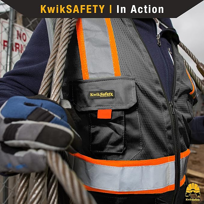 KwikSafety - Charlotte, NC - UNDERBOSS Safety Vest [11 POCKETS] Premium ANSI Class Unrated High Visibility Vest Construction Surveyor Reflective Vest Industrial Work Safety Vest for Men/Black Small