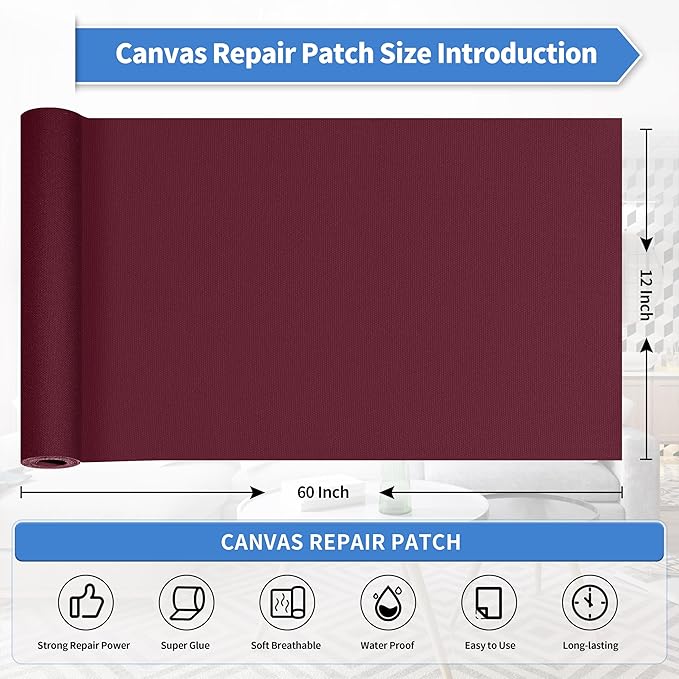 KING MOUNTAIN Canvas Repair Tape,Outdoor Gear Patch, 12×60 Inches,Waterproof,Self-Adhesive for Repairing Boat Covers,Sun Shades,Sofas,Tents,Lounge Chairs,Awnings (Burgundy)