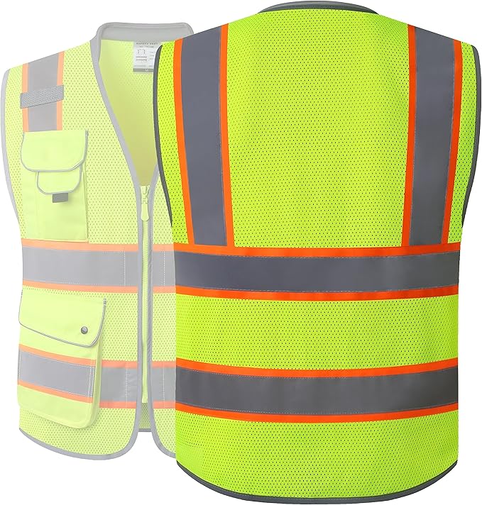 JKSafety 9 Pockets Hi-Vis Safety Vest Breathable Mesh Fabric Cushioned Collar Work Utility PPE Lightweight Industrial Work Gear ANSI/ISEA compliant (101-Yellow XL)