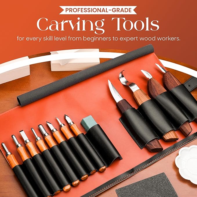 IBANUPRA All-in-One Wood Carving kit Included Wood Carving Knife Set, Whittling Knife Set, Safety Gloves, Sand Paper, Leather Strop, Paint Kit, Compound & Leather Case for Beginners or Professionals