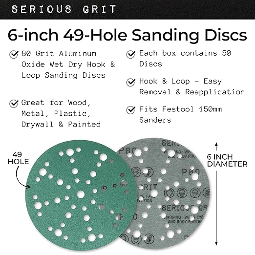 6-Inch 49-Hole 80 Grit Sanding Discs - Heavy-Duty Hook & Loop Film Discs - Sandpaper for Random Orbital Sanders - 50 Pack Box
