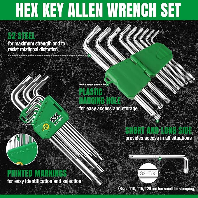SK 9-Piece Allen Wrench Set, Star Hex Key Set, L-Shaped, S2 Steel