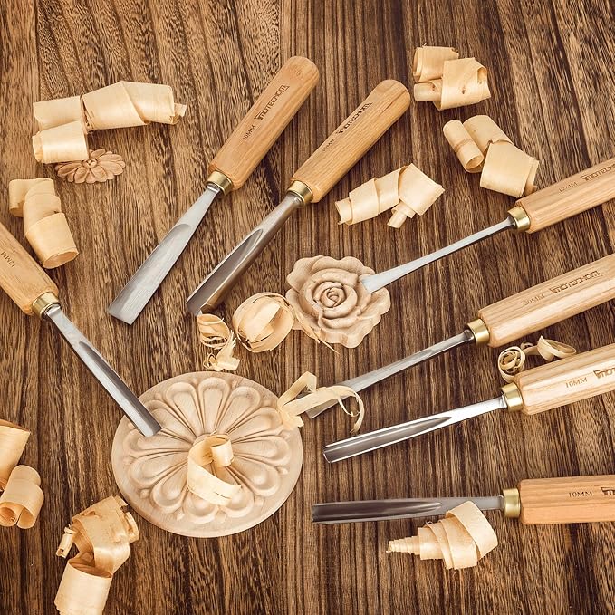 7-Pieces Woodworking Wood Carving Tools Chisel Set with Canvas Bag, Gouges and Carving Chisel Set, Razor Sharp CR-V 60 Steel Blades