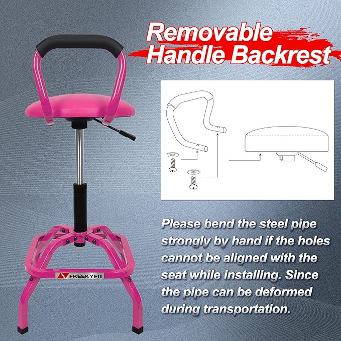 Garage Stool, Adjustable Height Swivel Work Mechanic Shop Stool with Backrest, Pneumatic Shop Chair for Home, Workshop, 300 LBS Capacity, 360° Rotation, Heavy Duty, Pink