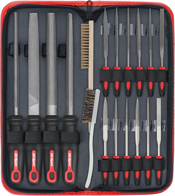 Hi-Spec 18 Piece Metal Hand & Needle Files Tool Set Kit. Large & Small Mini T12 Carbon Steel Diamond Flat, Half, Round, Triangle Files for DIY, Wood and Crafts. Complete in a Zipper Case with Brushes
