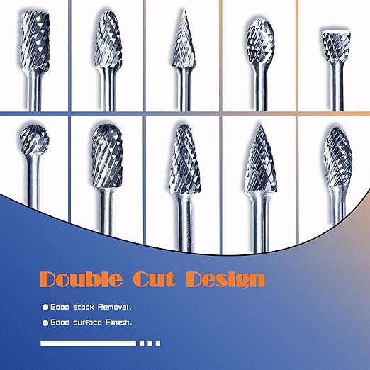Carbide Double Cut Rotary Files Set of 10 PCS 1/4" Cutting Diameter 1/8" Shank Carbide Burrs of Rotary Tools for Metalworking, Wood Carving