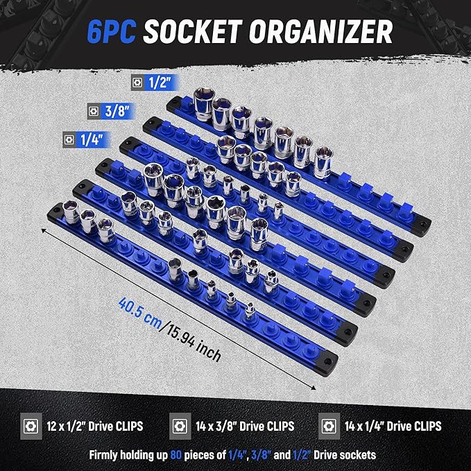 ALOANES Magnetic Socket Organizer Set, 6-Piece Heavy Duty Aluminum Socket Holder Socket Rail Organizer for Tool Box, 360° Swivel Clips Socket Rack 1/4, 3/8, 1/2-Inch x 80 Clips (Blue)