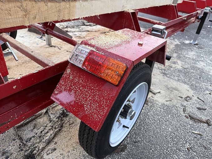Gas-Powered Sawmill - 15HP 420cc, Cuts 32" Diameter Logs into 32"x7"x188.74" Planks, 160.63" Blade, 19.68FT Rail, 2 Tires, Trailer Hitch, Taillights, Quick Up/Down Sawhead, Red Steel