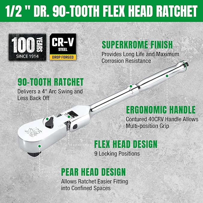 SK 1/2" Drive Flex Head Ratchet Handle, 90-Tooth Ratchet, Premium CR-V Construction, Reversible Design, with Contoured Handle