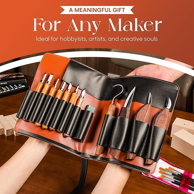 IBANUPRA All-in-One Wood Carving kit Included Wood Carving Knife Set, Whittling Knife Set, Safety Gloves, Sand Paper, Leather Strop, Paint Kit, Compound & Leather Case for Beginners or Professionals