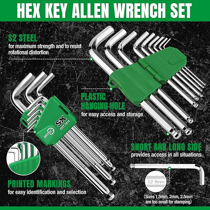 SK 9-Piece Allen Wrench Set, Hex Key Set, Metric Ball End Hex L-Key, S2 Steel