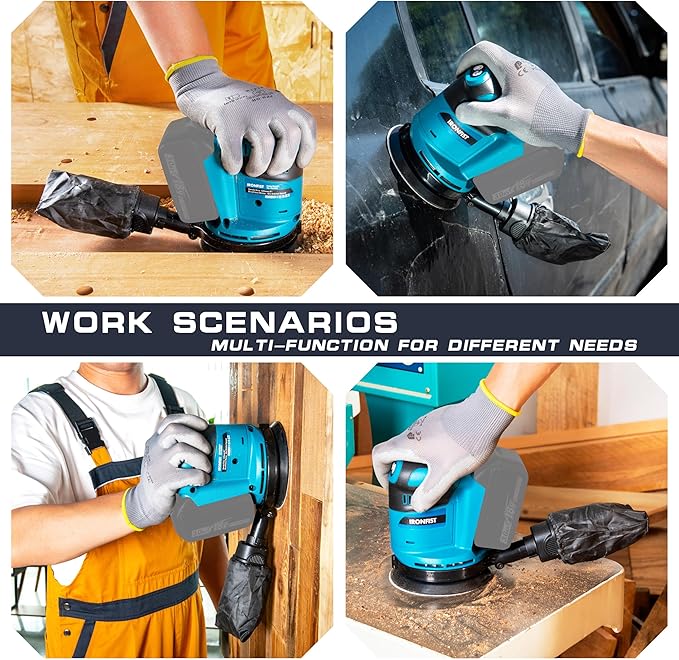 IRONFIST Random Orbit Sander, 5inch Sander Compatible with MAKITA 18V Batteries, 3 Speed 7000/9500/11000opm Adjustable with Dust Bag, Include 2000mAh Battery & Charger & 23pcs Accessories