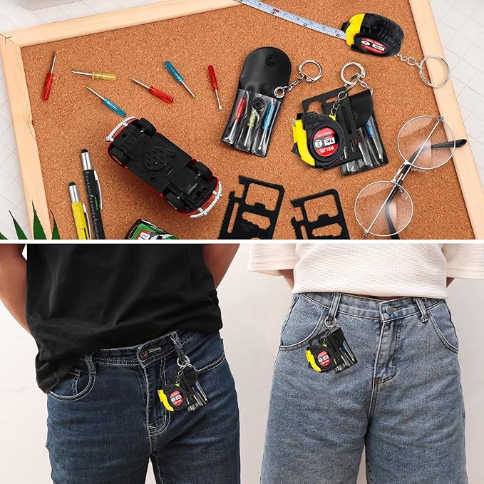 96 Pcs Mini Tape Screwdriver Keychain Set Christmas Men Gifts Bulk Adult Party Favors Multitool Pen Card Tool Measuring Keychains Stocking Christmas Stuffers for Men Dad (Yellow,Black)