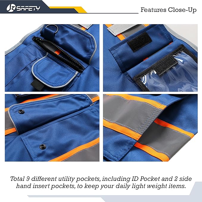 JKSafety 9 Pockets High Visibility Zipper Front Safety Vest | Blue with Dual Tone High Reflective Strips | Meets ANSI/ISEA Standards (901-Blue, Medium)