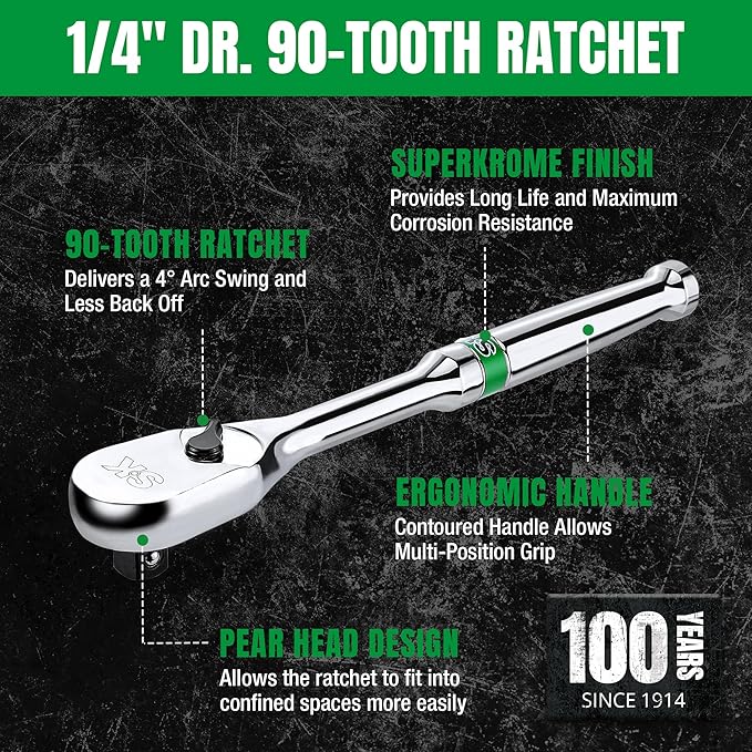 SK 1/4" Drive Ratchet Handle, Pear Head, 90-Tooth Ratchet, Alloy Steel, with Contoured Handle